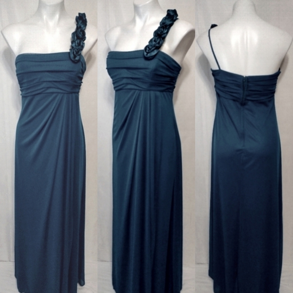 Cindy Dark Teal One-Shoulder Chiffon Gown Floral Applique Formal Long Dress L